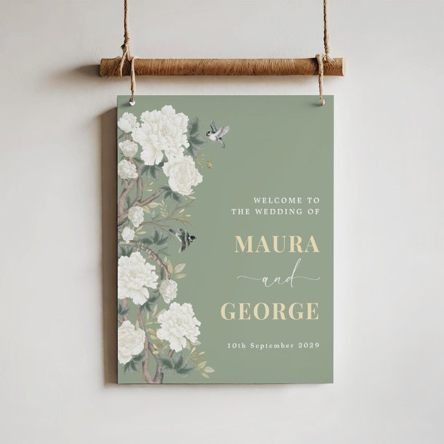Sage Green Chinoiserie Blume Bird Wedding Willkomm Poster (Von Creator hochgeladen)