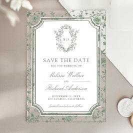 Sage Green Chinoiserie Crest Wedding Save the Date Acryleinladungen