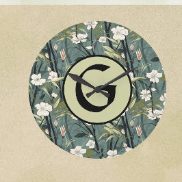 Sage Green Chinoiserie Floral White Initial  Große Wanduhr