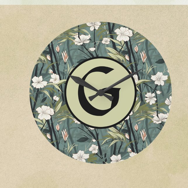 Sage Green Chinoiserie Floral White Initial  Große Wanduhr (Von Creator hochgeladen)
