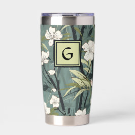 Sage Green Chinoiserie Floral White Initial Thermobecher