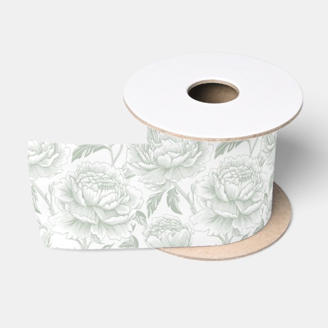 Sage Green Chinoiserie Peonies Satinband (Spule)