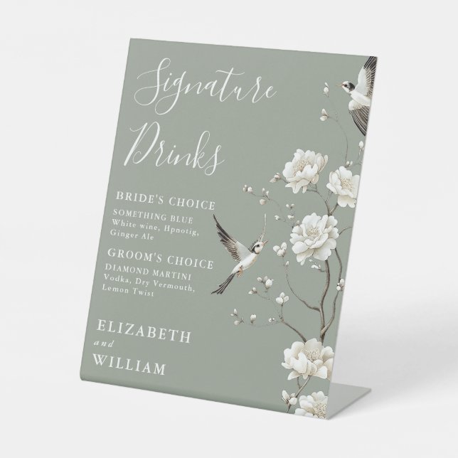 Sage Green Chinoiserie Signature Drinks Hochzeit Sockelschild (Vorderseite)