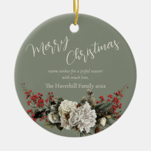 Sage Green Christmas Floral Family Name Modern Keramik Ornament