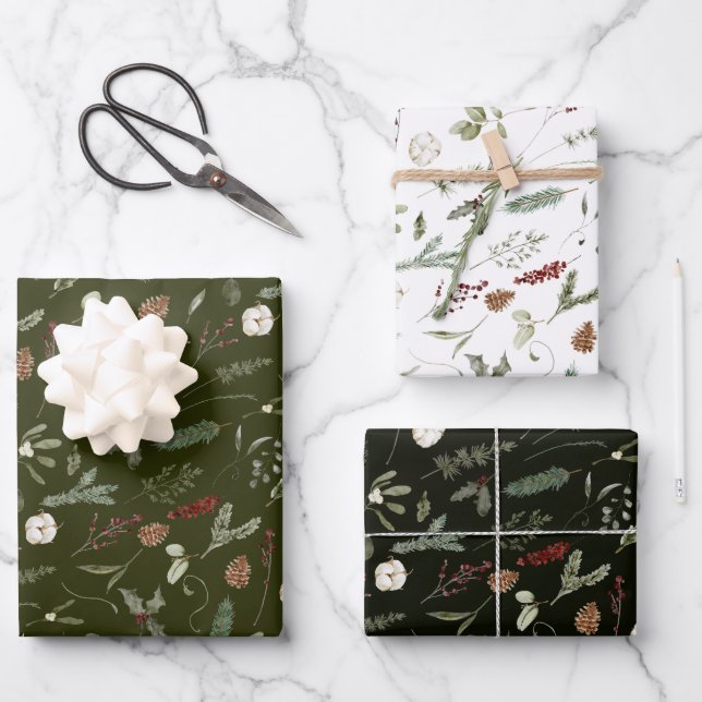 Sage Green Christmas Modern Minimal Botanisch Geschenkpapier Set (Vorderseite)