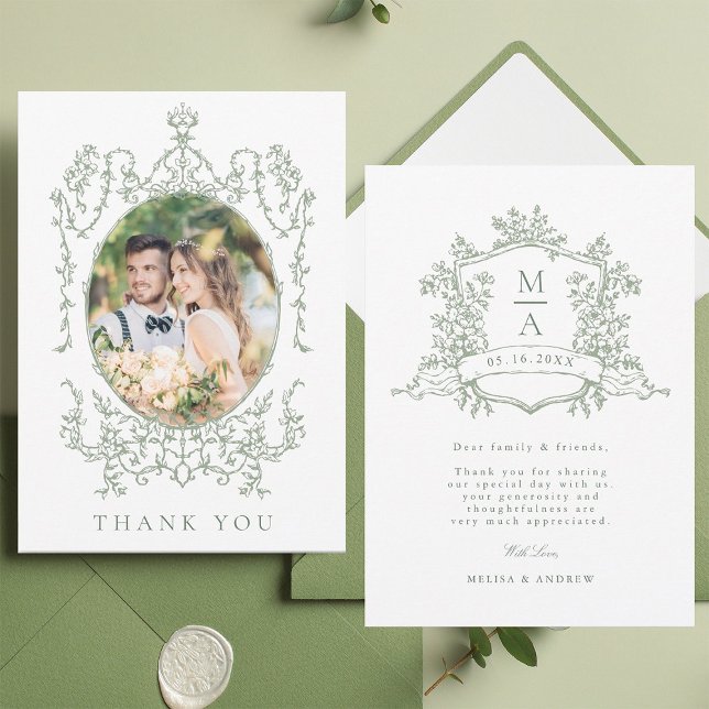Sage Green Classic Floral Frame Wedding Photo      Dankeskarte (Front & Back)