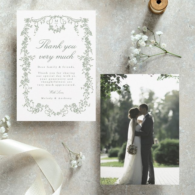Sage Green Classic Französisch Floral Wedding Foto Dankeskarte (Front & Back)