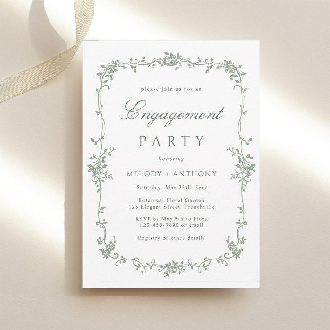 Sage Green Classic French Floral Engagement Party Einladung (Von Creator hochgeladen)