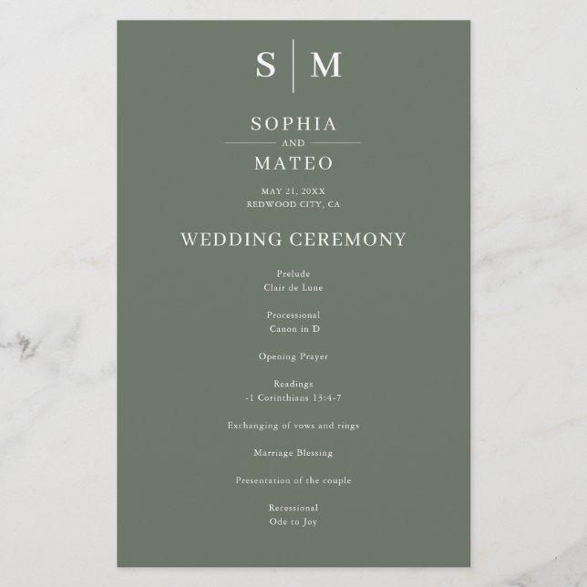 Sage Green Classic Minimalistisch Wedding Program (Vorderseite)