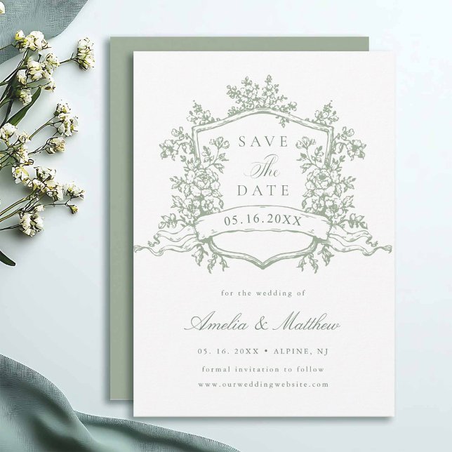 Sage Green Classic Wappen Wedding Save The Date (Von Creator hochgeladen)