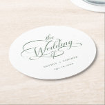 Sage Green Classy Calligraphy Wedding Runder Pappuntersetzer<br><div class="desc">Der schlichte Untersetzer in Weiß und Weiß ist mit eleganten,  romantischen Wirblen Kalligraphieschriften mit Text versehen. Für eine weiter gehende Anpassung dieses Designs klicken Sie bitte auf den BUTTON BLAU DESIGN TOOL oben!</div>
