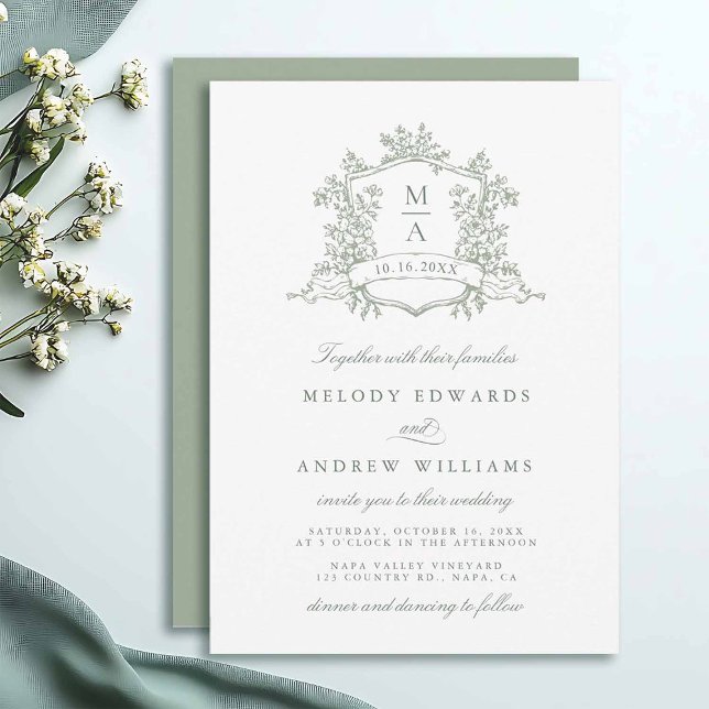 Sage Green Classy Floral Crest Wedding Invitation (Créateur téléchargé)