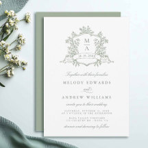 Sage Green Classy Floral Crest Wedding Invitation
