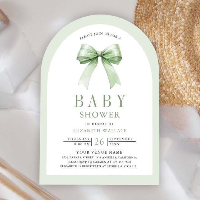 Sage Green Coquette Bow Arch QR Code Babydusche Einladung (Von Creator hochgeladen)
