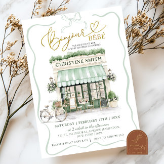Sage Green Coquette Bow Parisian Cafe Babydusche Einladung