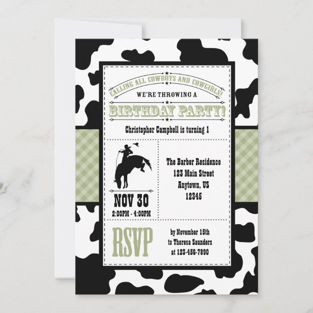 Sage Green Cowhide Cowboy Invitation Anniversaire (Devant)