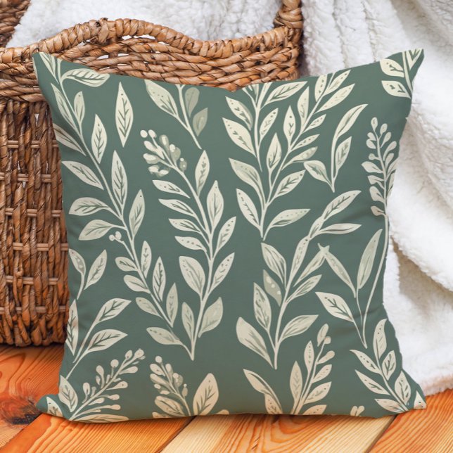 Sage Green Cream Blätter Bauernhaus Botanical Kissen (Sage Green Cream Leaves Farmhouse Botanical Throw Pillow)