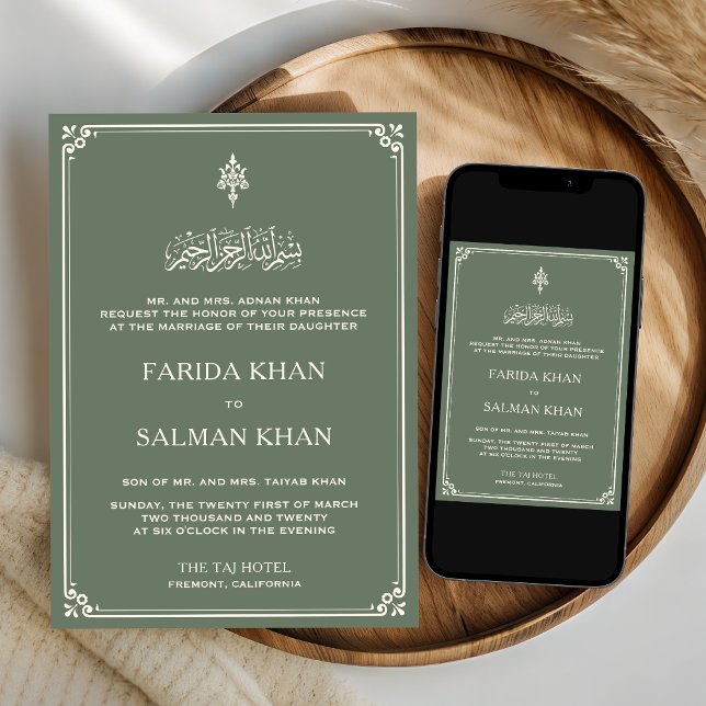 Sage Green Cream Border Islamic Wedding Einladung (Von Creator hochgeladen)