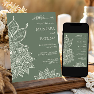 Sage Green Cream Mehndi Henna Muslim Wedding Einladung