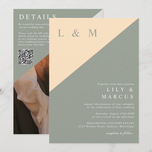 Sage Green Cream Minimalistisch Wedding Foto QR Co Einladung (Vorne/Hinten)