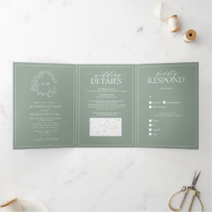 Sage Green Crest Monogramme Mariage Tri-Fold I