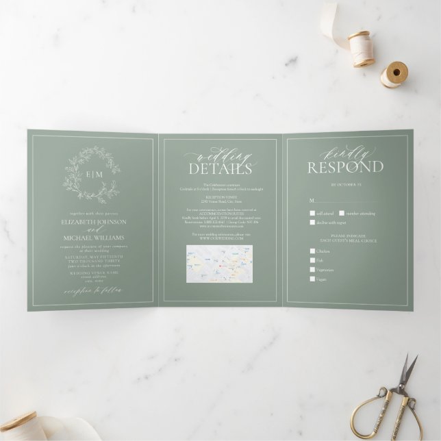Sage Green Crest Monogramme Mariage Tri-Fold I (Intérieur)