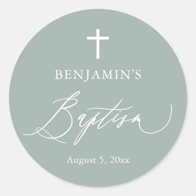 Sage Green Croix blanche Boy Baptême rond Sticker (Devant)