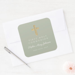 Sage Green Cross Boy Erste Kommune Quadratischer Aufkleber