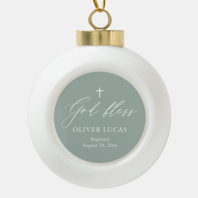 Sage Green Cross Boy Taufe Keramik Ball Ornament (Vorderseite)