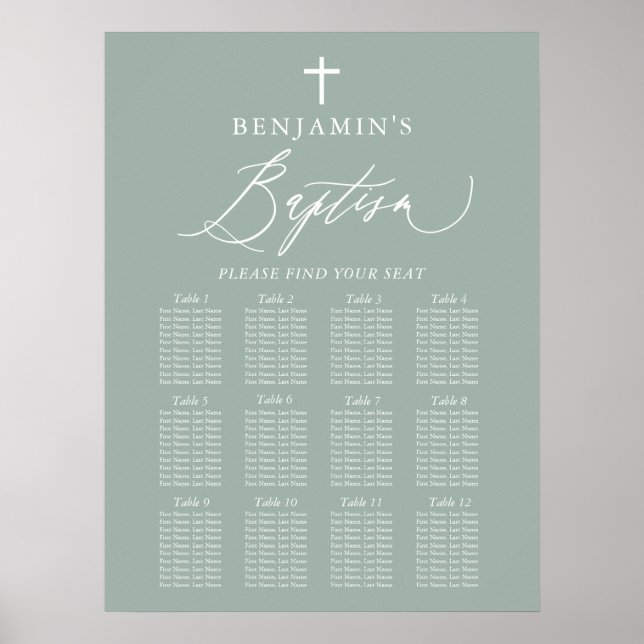 Sage Green Cross Boy Taufe Seating Chart Sign Poster (Vorne)
