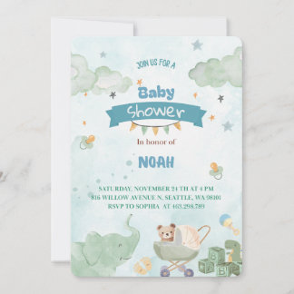 Sage Green Cute Elephant Teddy Bear Boy Baby Einladung