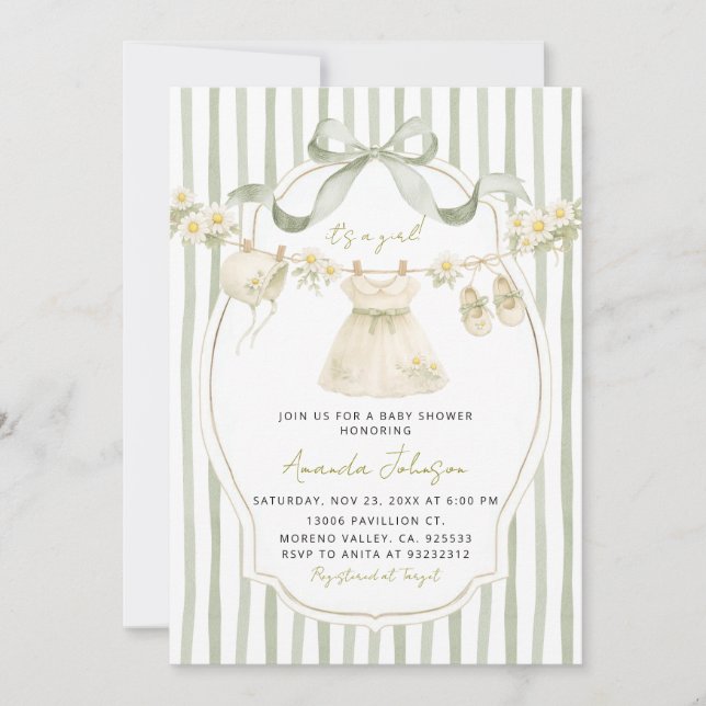 Sage Green Daisy Clothesline Baby Shower Invite Einladung (Vorderseite)