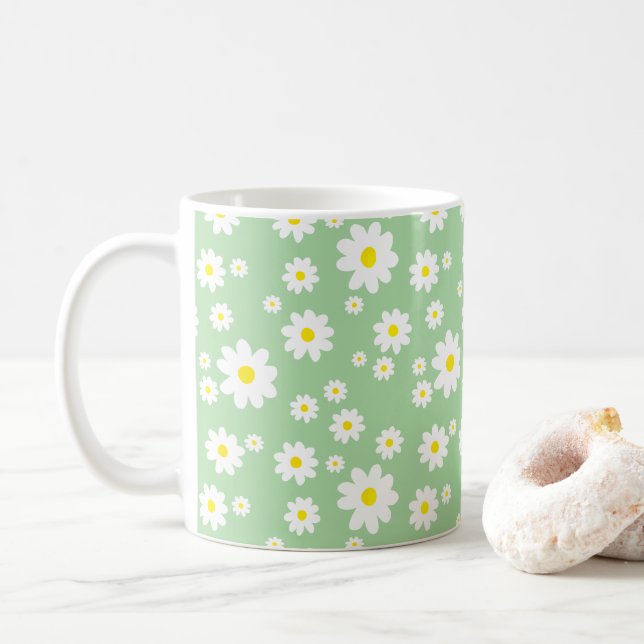 Sage Green Daisy Pattern Spring Coffee Tasse (Mit Donut)