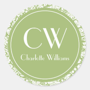 Sage Green Damask Monogram Runder Aufkleber