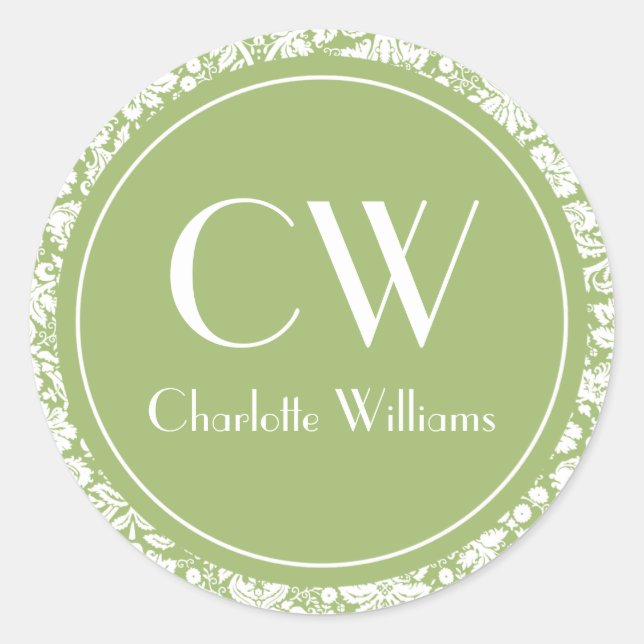 Sage Green Damask Monogram Runder Aufkleber (Vorderseite)