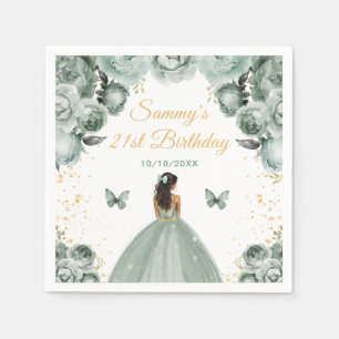 Sage Green Dark Skin Princess Birthday Party Serviette