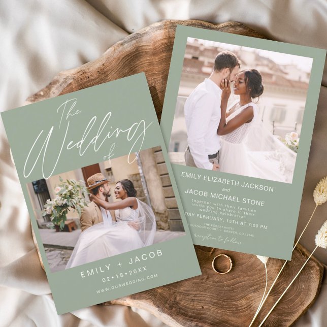 Sage Green Die Hochzeit von zwei Foto Minimalistis Einladung (Von Creator hochgeladen)