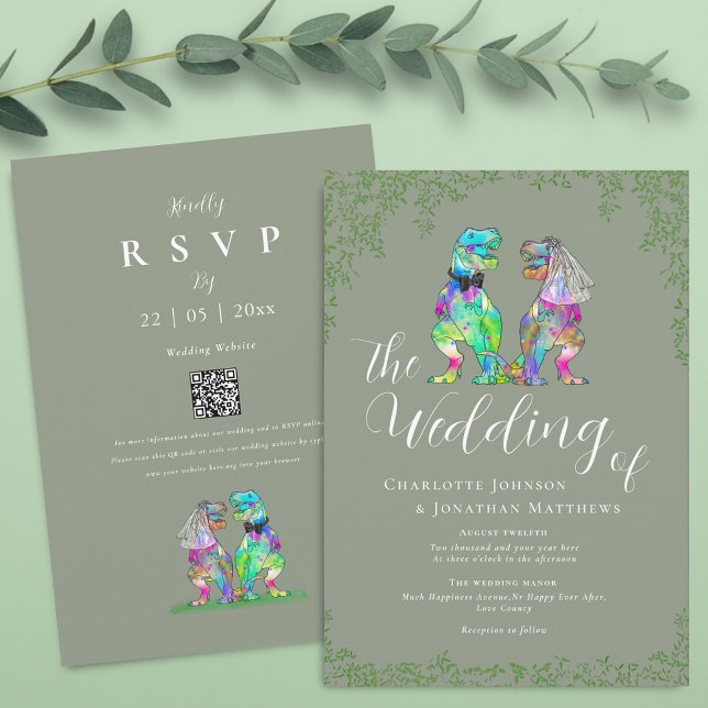Sage Green Dinosaur Wedding QR Code Einladung (T-Rex bride and groom funny dinosaur sage green wedding qr code invitation)
