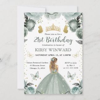 Sage Green Dress Blonde Princess Birthday Einladung
