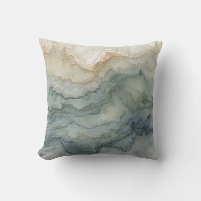 Sage Green Dusty Blue Beige Abstrakt Waves 16" Kissen (Vorderseite)