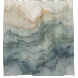 Sage Green Dusty Blue Beige Abstrakt Waves Duschvorhang