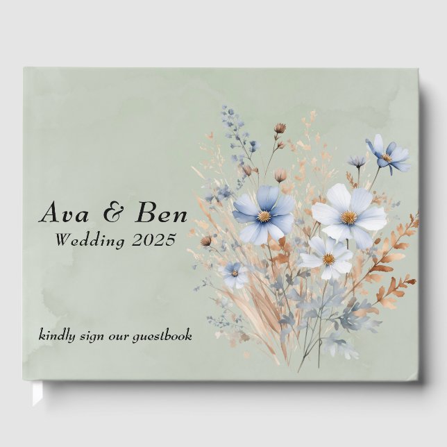 Sage Green Dusty Blue Wildblume Wedding Gästebuch (Vorderseite)