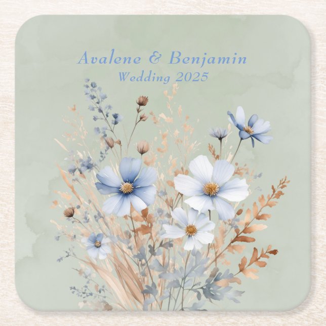 Sage Green Dusty Blue Wildblume Wedding Rechteckiger Pappuntersetzer (Vorderseite)