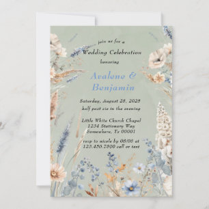 Sage Green & Dusty Blue Wildblumen Hochzeit Einladung