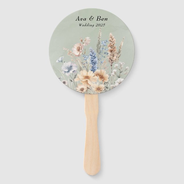 Sage Green Dusty Blue Wildblumen Hochzeit Fächer (Vorderseite)