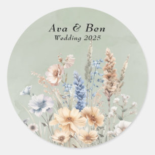 Sage Green Dusty Blue Wildblumen Hochzeit Runder Aufkleber