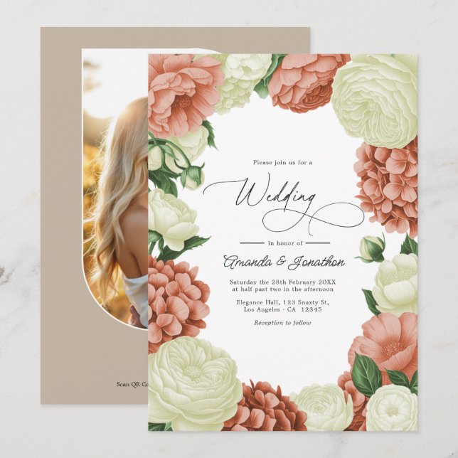 Sage Green, Dusty Peach & Ivory Floral Wedding Einladung (Vorne/Hinten)