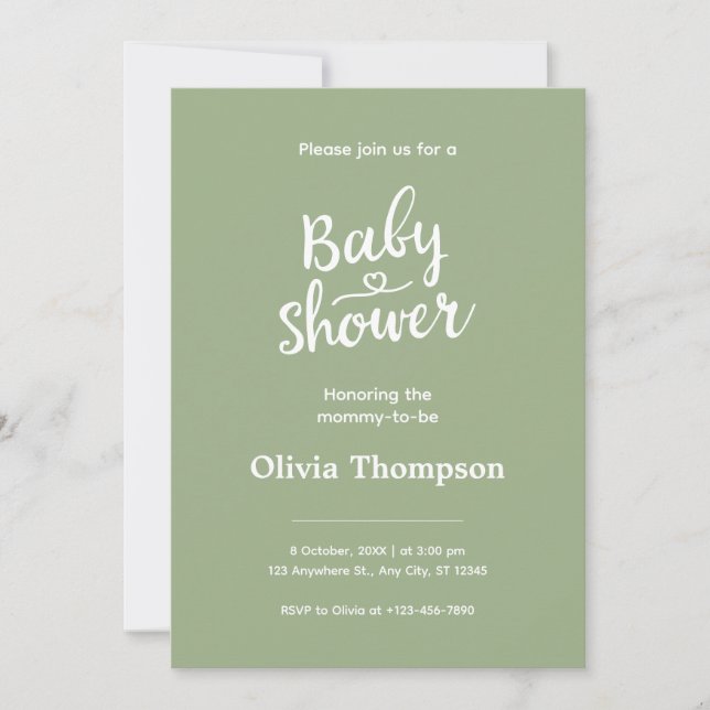Sage Green Einfache Minimalistische Niedliche Baby Einladung (Vorderseite)