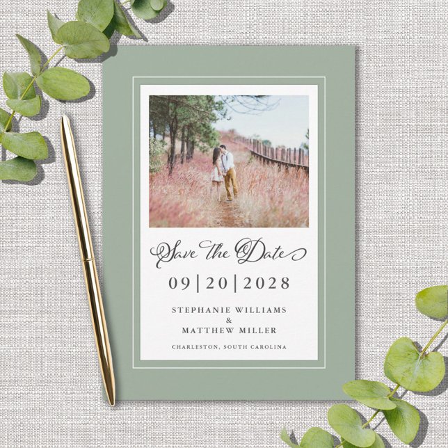 Sage Green Eleganborder Foto Chic Verlobung Save The Date (Von Creator hochgeladen)