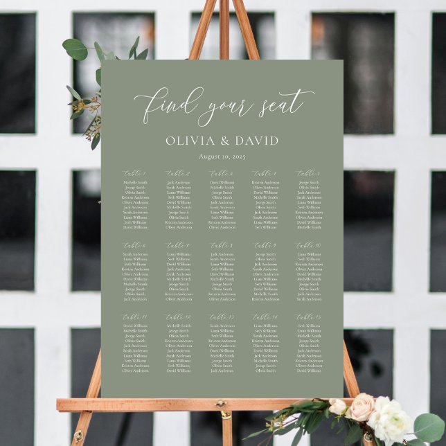 Sage Green Elegant 15 Tabelle Seating Chart Poster (Sage Green Elegant 15 table Wedding Seating Chart)